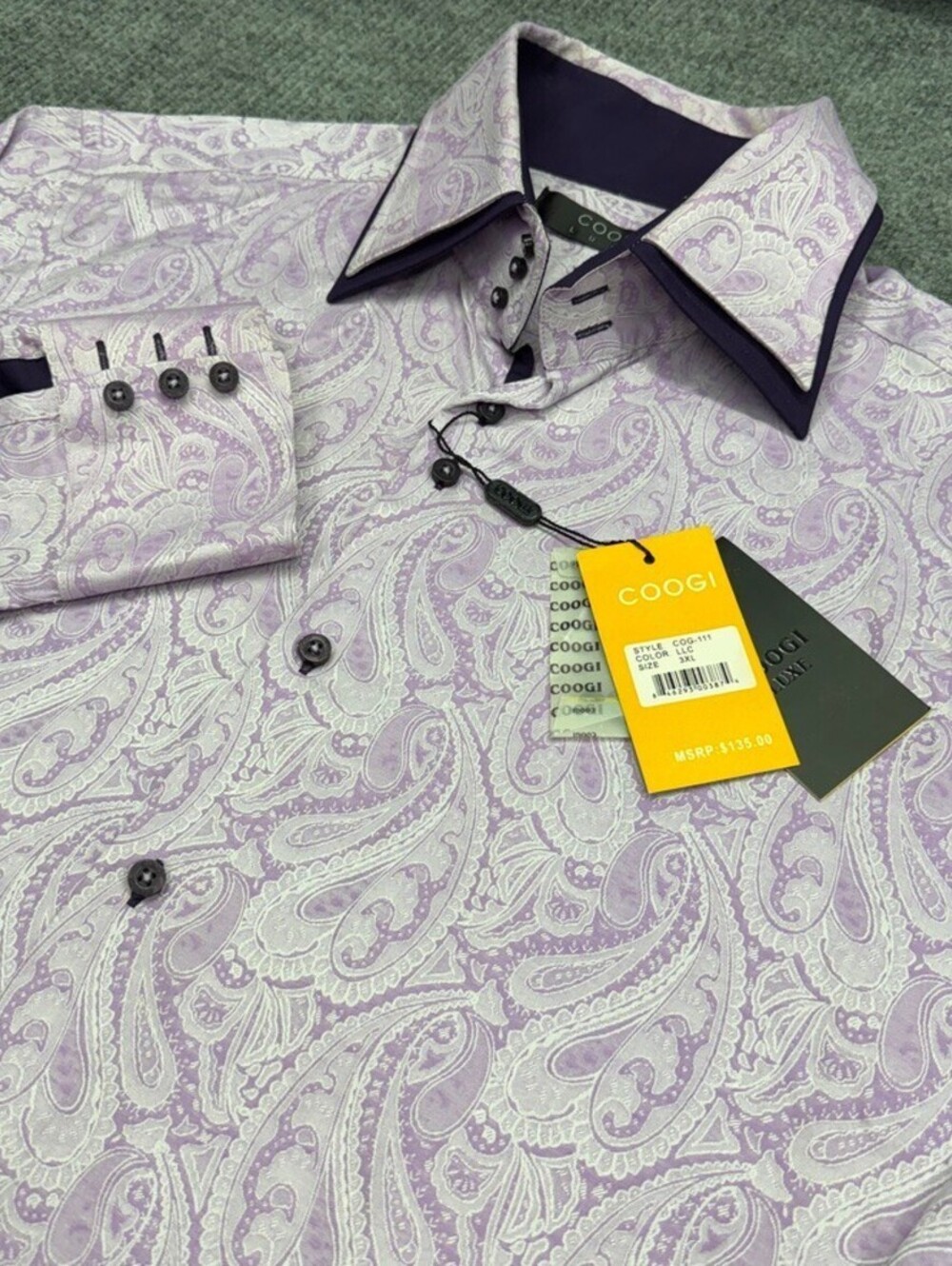 Coogi Luxe Button Up Shirt Mens 3XL Purple Paisley AOP Long Sleeve Double Collar